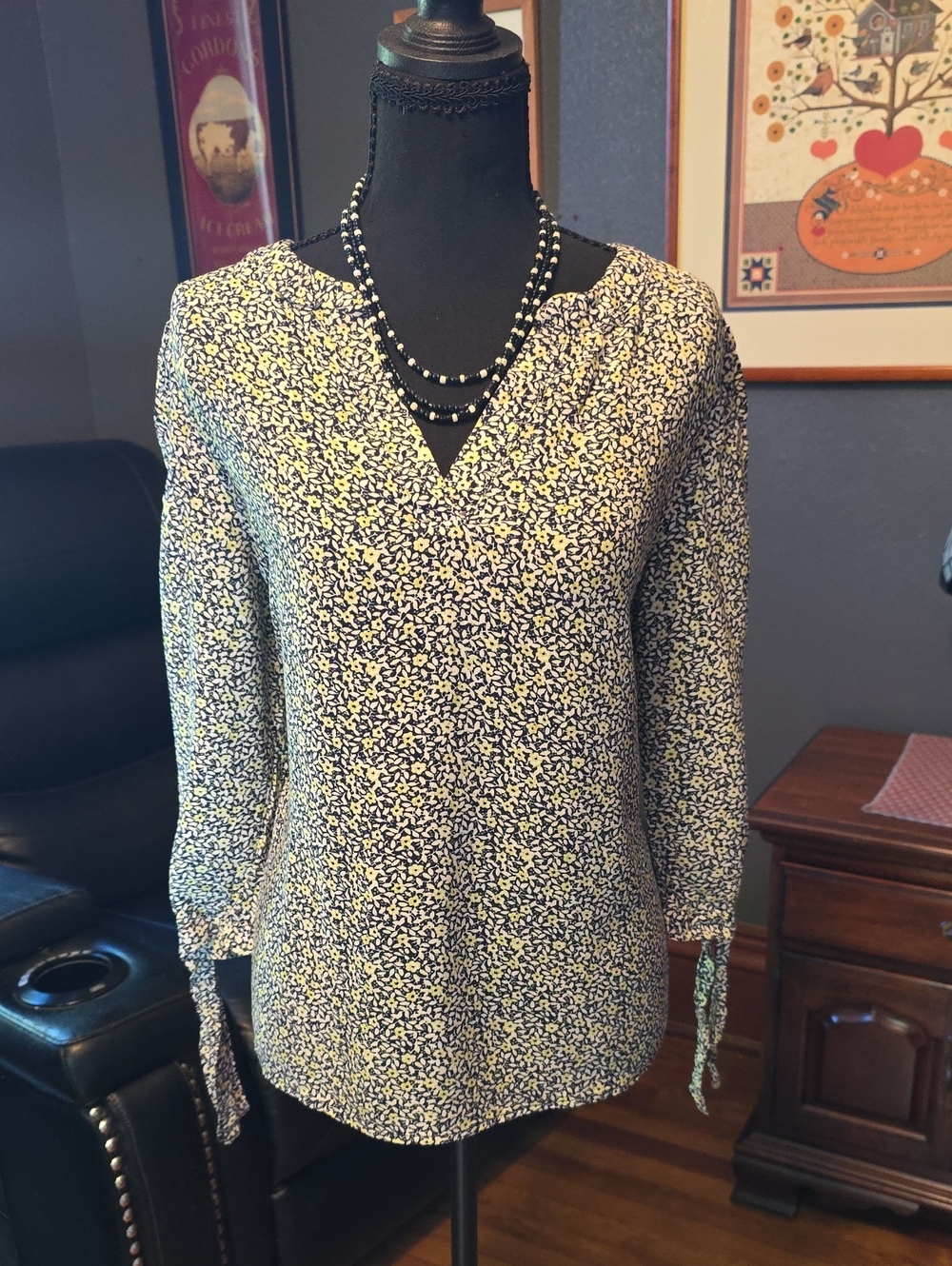 Navy and Cream Printed V-Neck Long-Sleeve Blouse